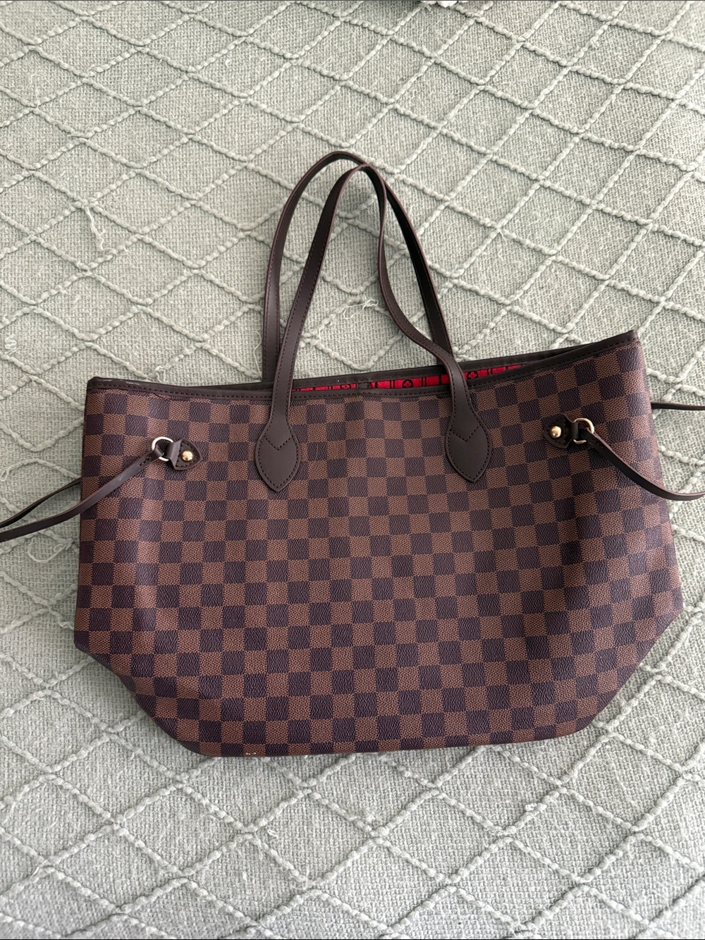 Amazon Brown Checkered Tote Bag with Dark Brown Straps